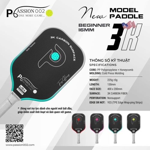 Vợt Pickleball PASSION002 3K – Dòng Beginner 16MM