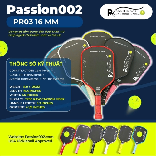 Vợt Pickleball PASSION002 PR03 16MM – Kiểm Soát Và Hỗ Trợ Tối Ưu